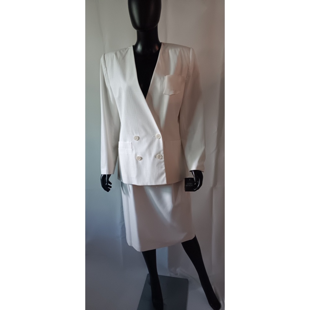 Vintage Le Suit Off White Skirt Suit Size 8 Grid Pattern Double Breasted KS0304